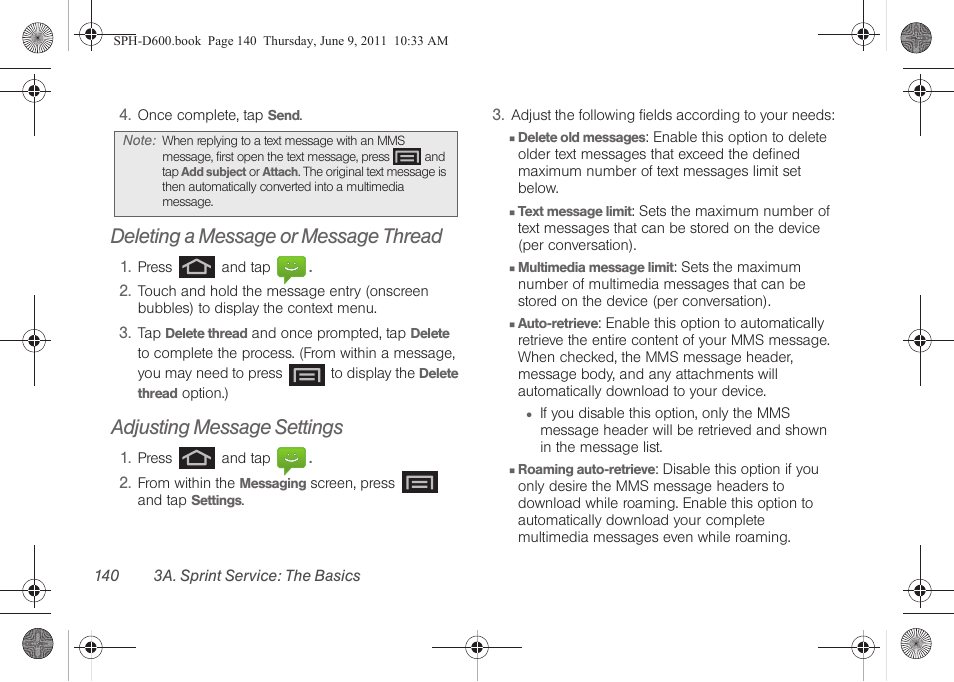 Deleting a message or message thread, Adjusting message settings | Samsung D-44867 User Manual | Page 154 / 250