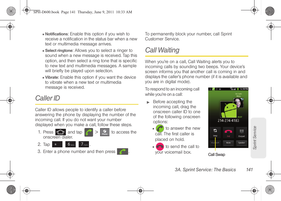 Caller id, Call waiting | Samsung D-44867 User Manual | Page 155 / 250