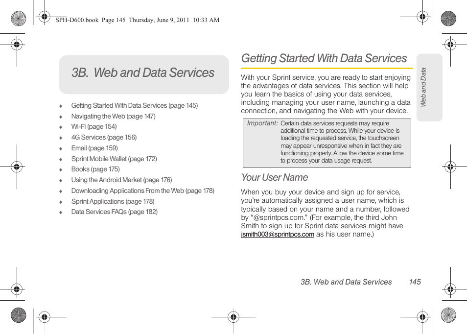 3b. web and data services, Getting started with data services, Your user name | Samsung D-44867 User Manual | Page 159 / 250