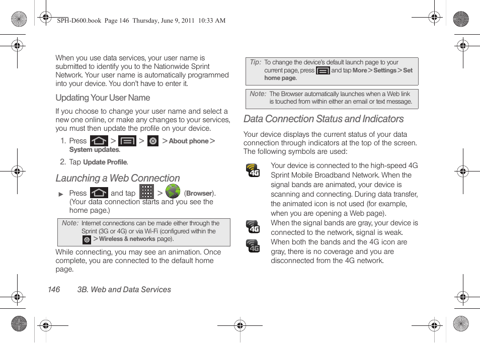 Launching a web connection, Data connection status and indicators | Samsung D-44867 User Manual | Page 160 / 250