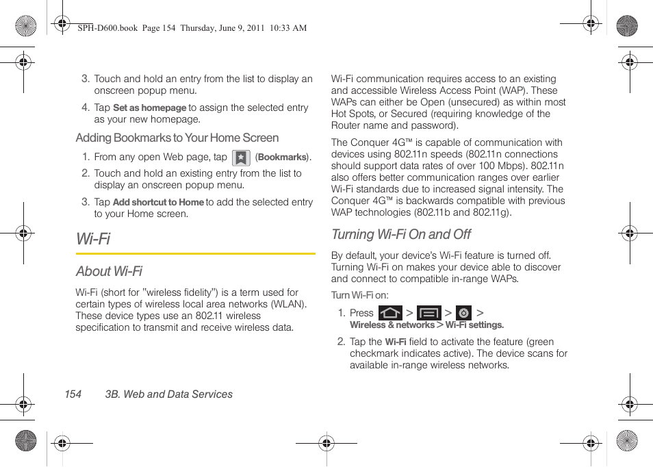 Wi-fi, About wi-fi, Turning wi-fi on and off | Samsung D-44867 User Manual | Page 168 / 250