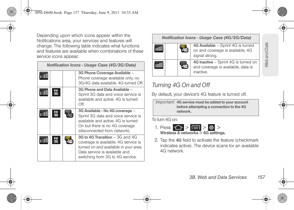 Turning 4g on and off | Samsung D-44867 User Manual | Page 171 / 250