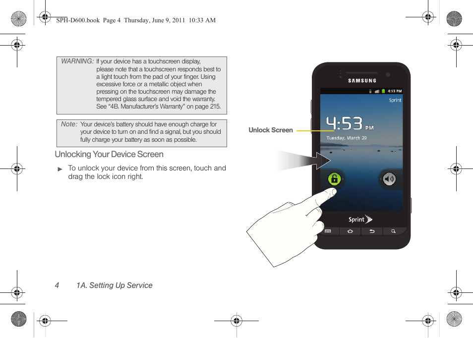 Unlocking your device screen, 41a. setting up service | Samsung D-44867 User Manual | Page 18 / 250