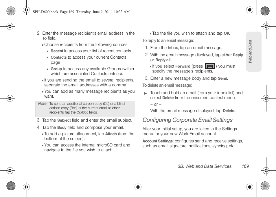 Configuring corporate email settings | Samsung D-44867 User Manual | Page 183 / 250