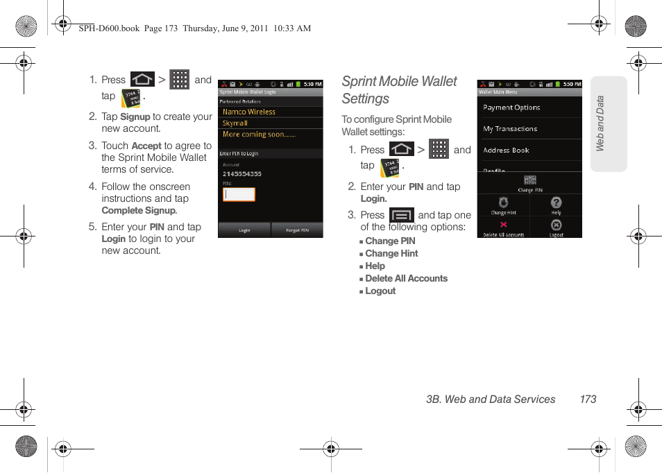 Sprint mobile wallet settings | Samsung D-44867 User Manual | Page 187 / 250