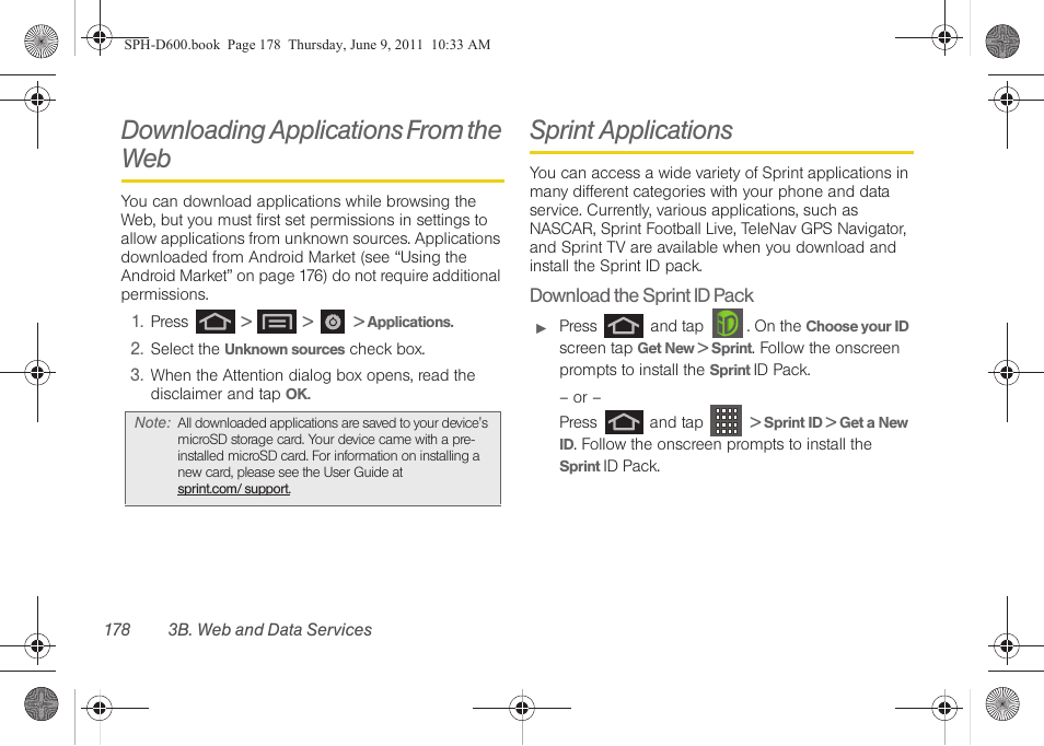 Downloading applications from the web, Sprint applications | Samsung D-44867 User Manual | Page 192 / 250