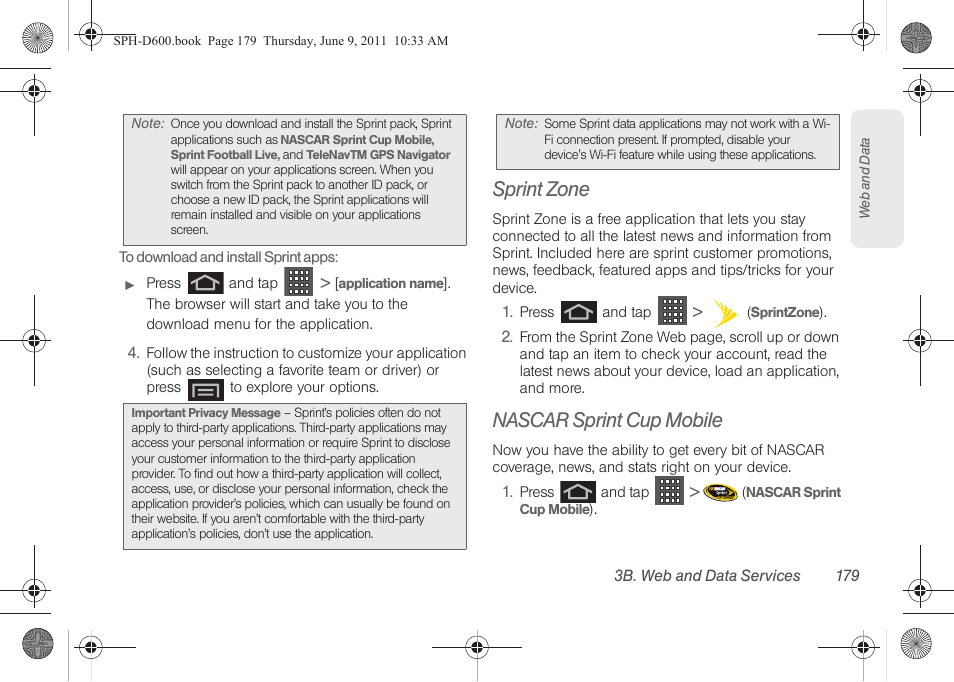 Sprint zone, Nascar sprint cup mobile | Samsung D-44867 User Manual | Page 193 / 250