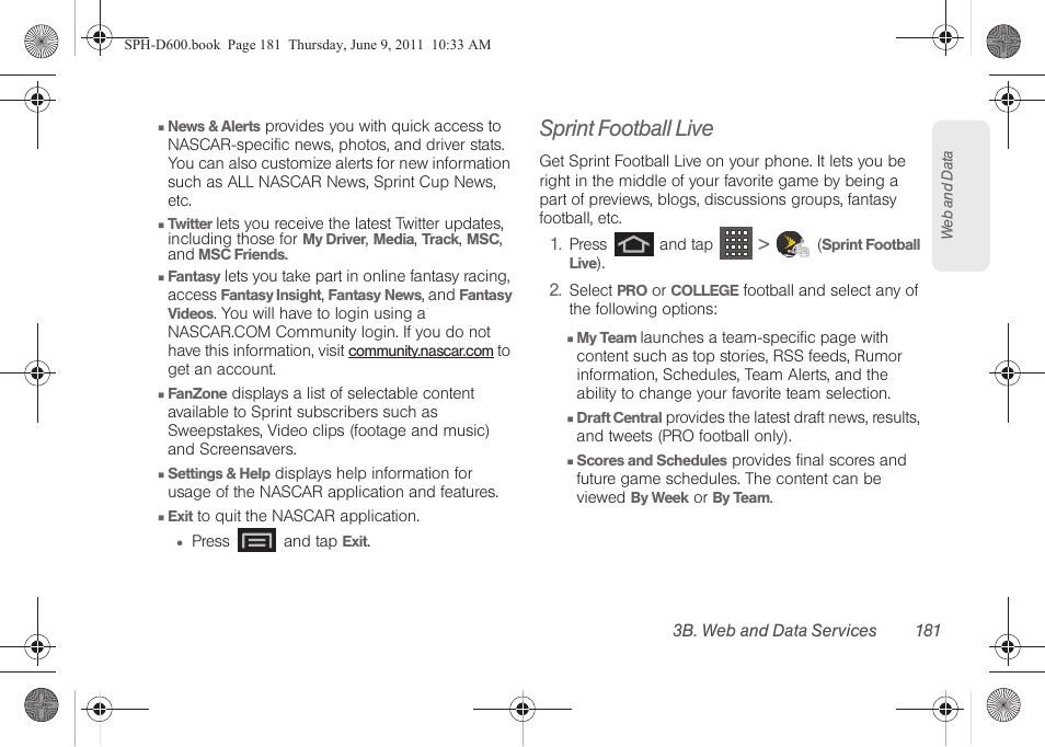 Sprint football live | Samsung D-44867 User Manual | Page 195 / 250
