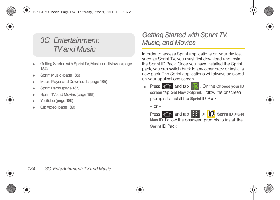 3c. entertainment: tv and music, Getting started with sprint tv, music, and movies, Getting started with sprint tv | Samsung D-44867 User Manual | Page 198 / 250