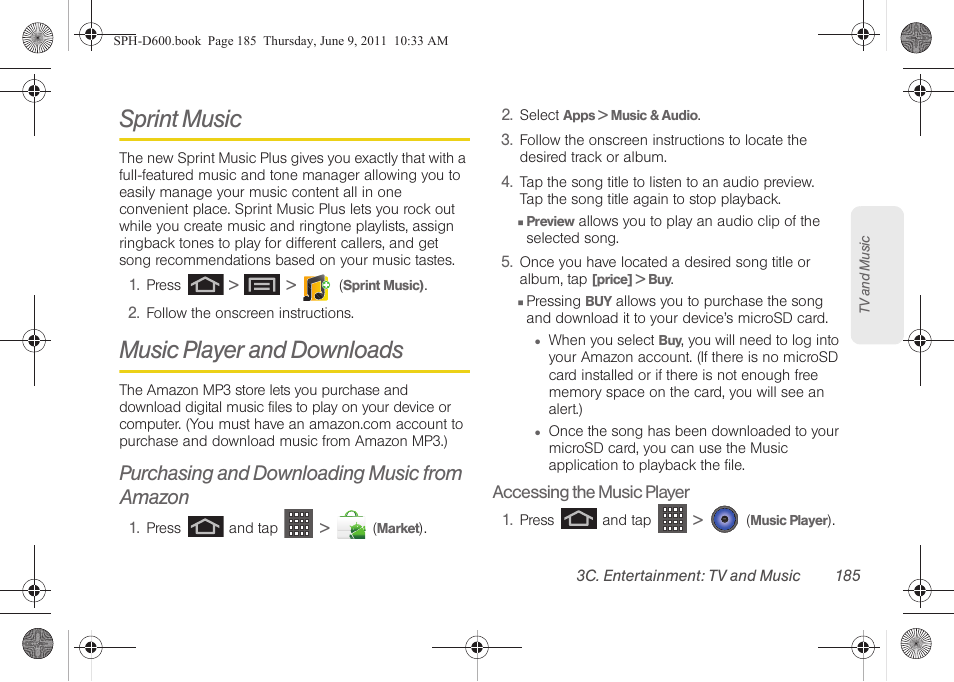 Sprint music, Music player and downloads, Purchasing and downloading music from amazon | Samsung D-44867 User Manual | Page 199 / 250