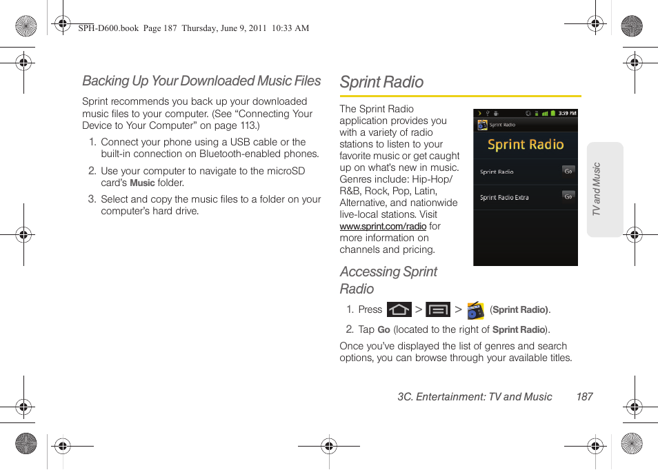 Backing up your downloaded music files, Sprint radio, Accessing sprint radio | Samsung D-44867 User Manual | Page 201 / 250
