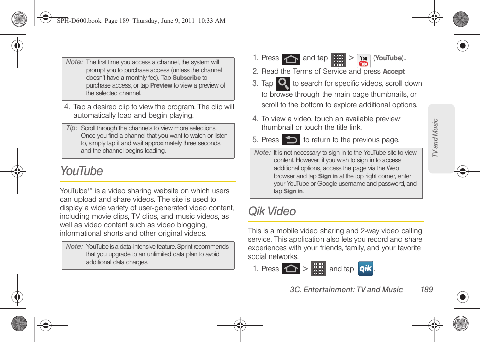 Youtube, Qik video | Samsung D-44867 User Manual | Page 203 / 250