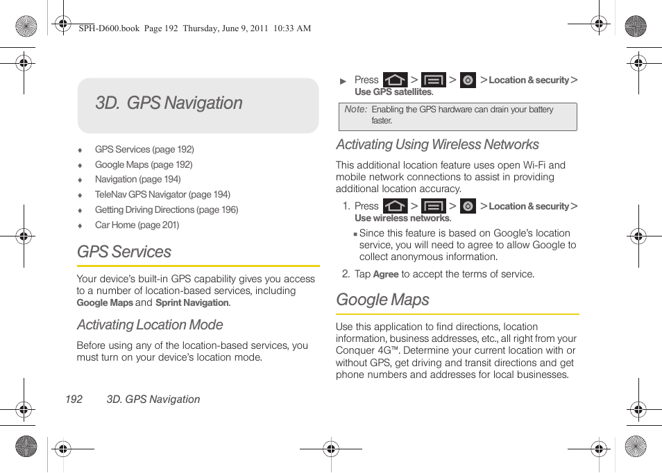 3d. gps navigation, Gps services, Activating location mode | Activating using wireless networks, Google maps | Samsung D-44867 User Manual | Page 206 / 250