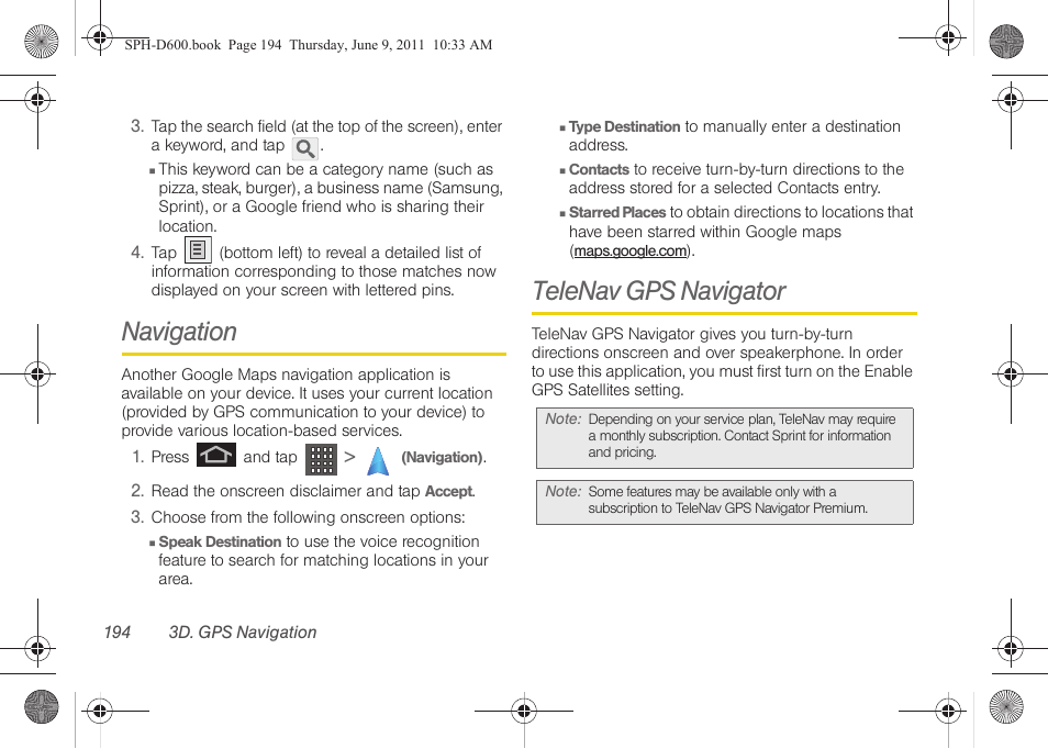 Navigation, Telenav gps navigator | Samsung D-44867 User Manual | Page 208 / 250