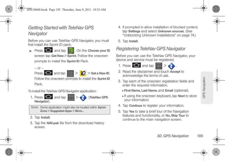 Getting started with telenav gps navigator, Registering telenav gps navigator | Samsung D-44867 User Manual | Page 209 / 250
