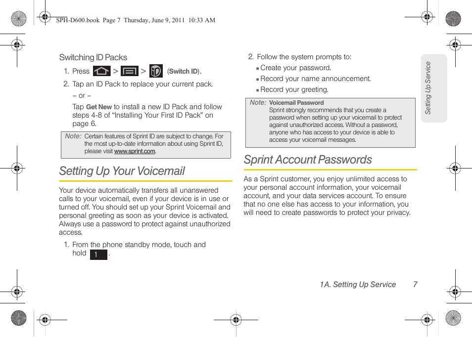 Setting up your voicemail, Sprint account passwords | Samsung D-44867 User Manual | Page 21 / 250