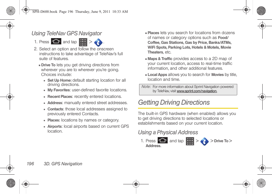 Using telenav gps navigator, Getting driving directions, Using a physical address | Samsung D-44867 User Manual | Page 210 / 250