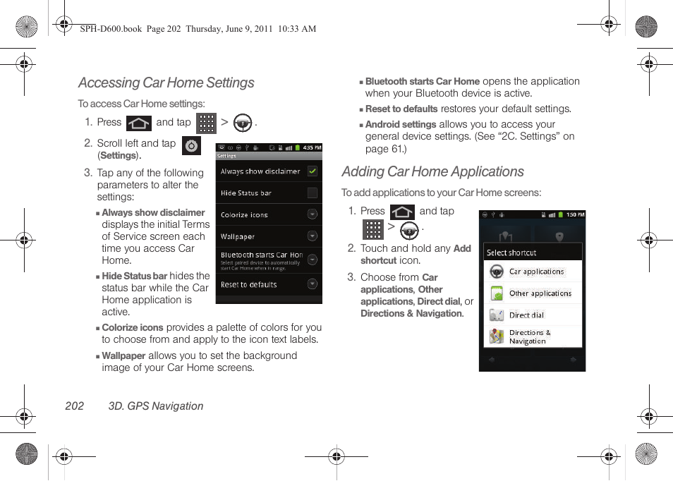 Accessing car home settings, Adding car home applications | Samsung D-44867 User Manual | Page 216 / 250