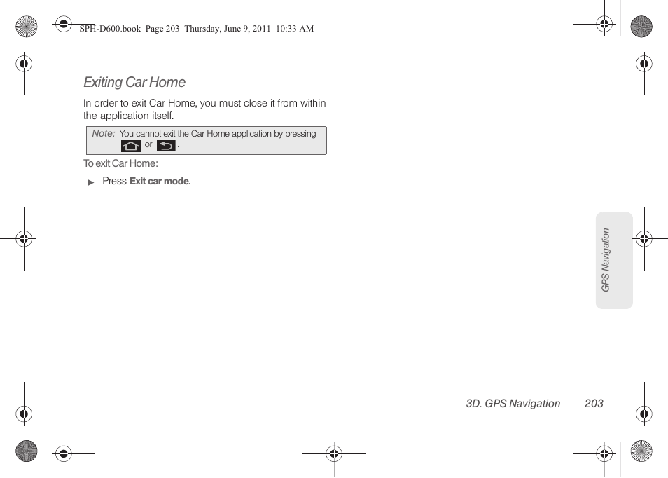 Exiting car home | Samsung D-44867 User Manual | Page 217 / 250