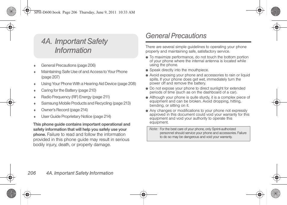 4a. important safety information, General precautions | Samsung D-44867 User Manual | Page 220 / 250