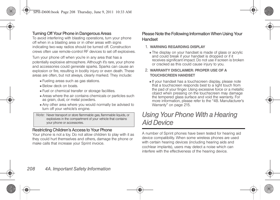 Using your phone with a hearing aid device, Using your phone with a | Samsung D-44867 User Manual | Page 222 / 250