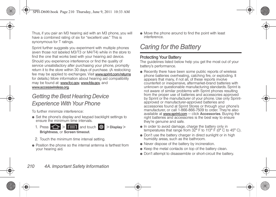 Caring for the battery | Samsung D-44867 User Manual | Page 224 / 250
