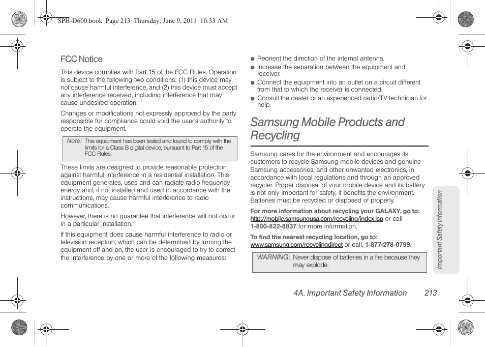 Samsung mobile products and recycling, Fcc notice | Samsung D-44867 User Manual | Page 227 / 250
