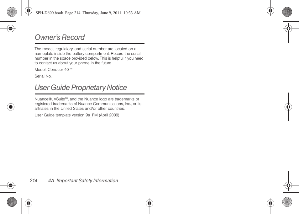 Owner’s record, User guide proprietary notice | Samsung D-44867 User Manual | Page 228 / 250