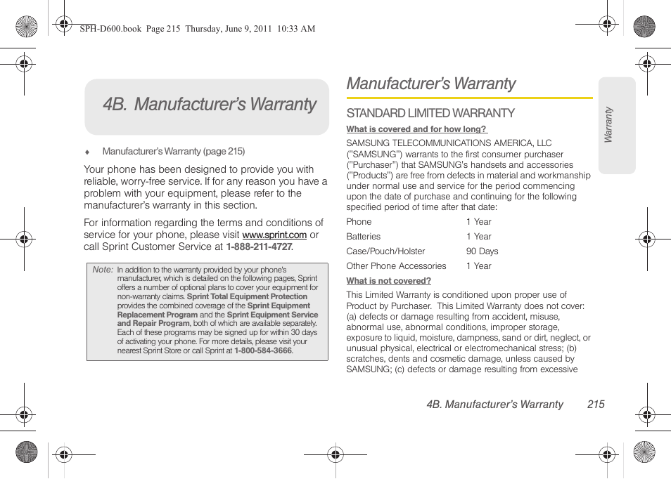 4b. manufacturer’s warranty, Manufacturer’s warranty, Standard limited warranty | Samsung D-44867 User Manual | Page 229 / 250