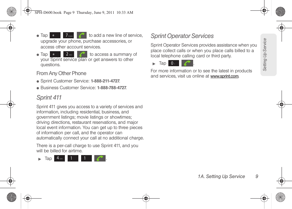 Sprint 411, Sprint operator services | Samsung D-44867 User Manual | Page 23 / 250