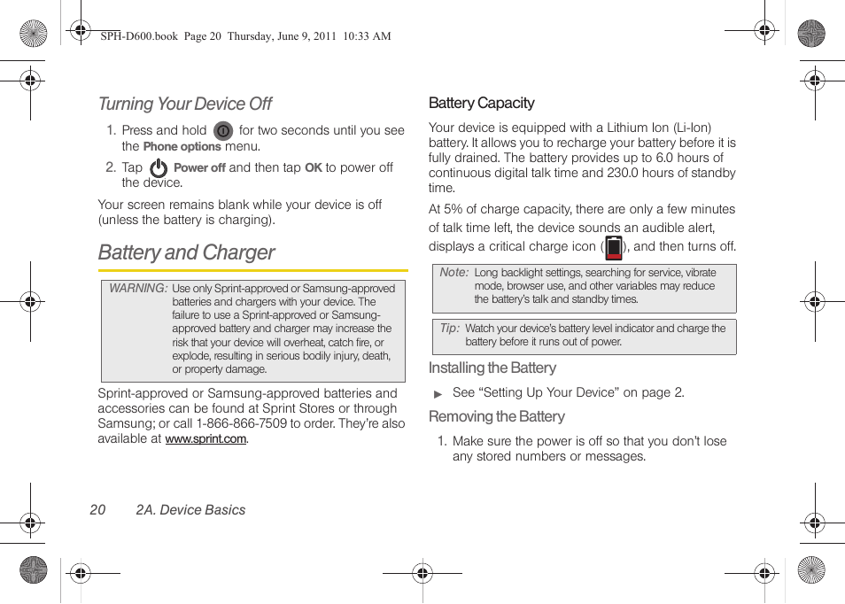 Turning your device off, Battery and charger | Samsung D-44867 User Manual | Page 34 / 250