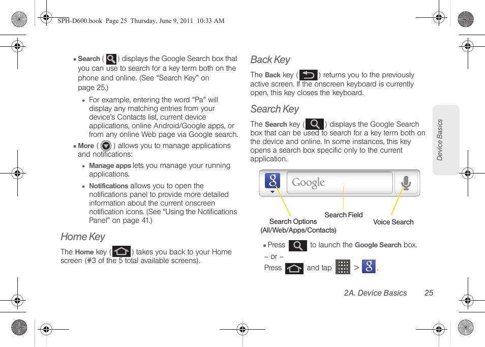 Home key, Back key, Search key | Samsung D-44867 User Manual | Page 39 / 250