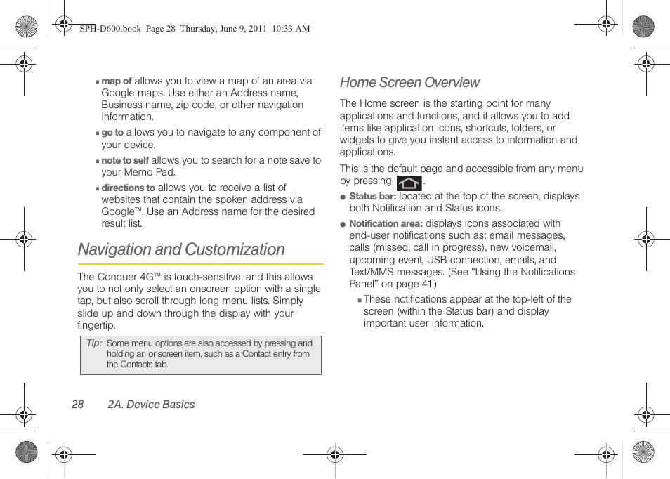 Navigation and customization, Home screen overview | Samsung D-44867 User Manual | Page 42 / 250