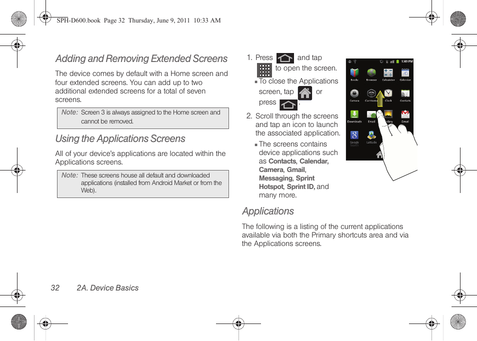 Adding and removing extended screens, Using the applications screens, Applications | Samsung D-44867 User Manual | Page 46 / 250