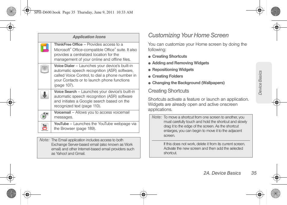 Customizing your home screen, Creating shortcuts | Samsung D-44867 User Manual | Page 49 / 250