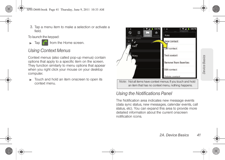 Using context menus, Using the notifications panel | Samsung D-44867 User Manual | Page 55 / 250