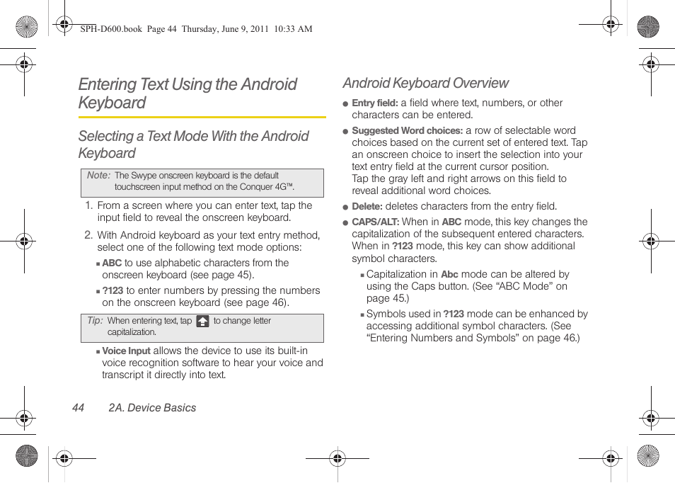 Entering text using the android keyboard, Selecting a text mode with the android keyboard, Android keyboard overview | Samsung D-44867 User Manual | Page 58 / 250