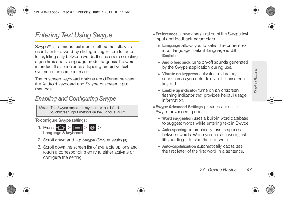 Entering text using swype, Enabling and configuring swype | Samsung D-44867 User Manual | Page 61 / 250
