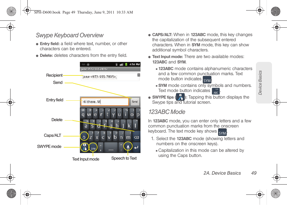 Swype keyboard overview, 123abc mode | Samsung D-44867 User Manual | Page 63 / 250