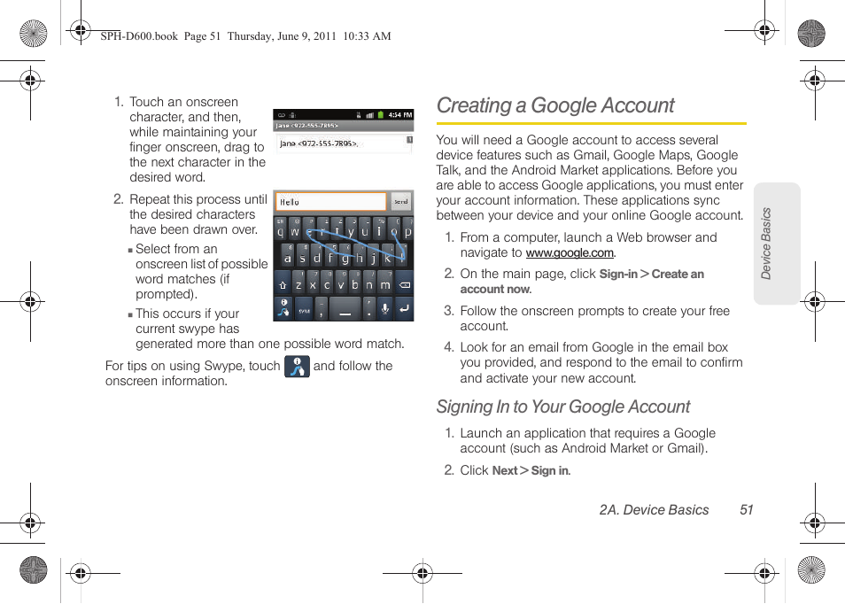 Creating a google account, Signing in to your google account | Samsung D-44867 User Manual | Page 65 / 250