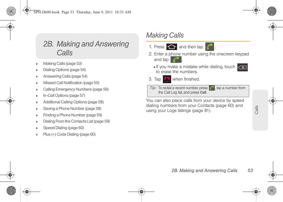 2b. making and answering calls, Making calls | Samsung D-44867 User Manual | Page 67 / 250