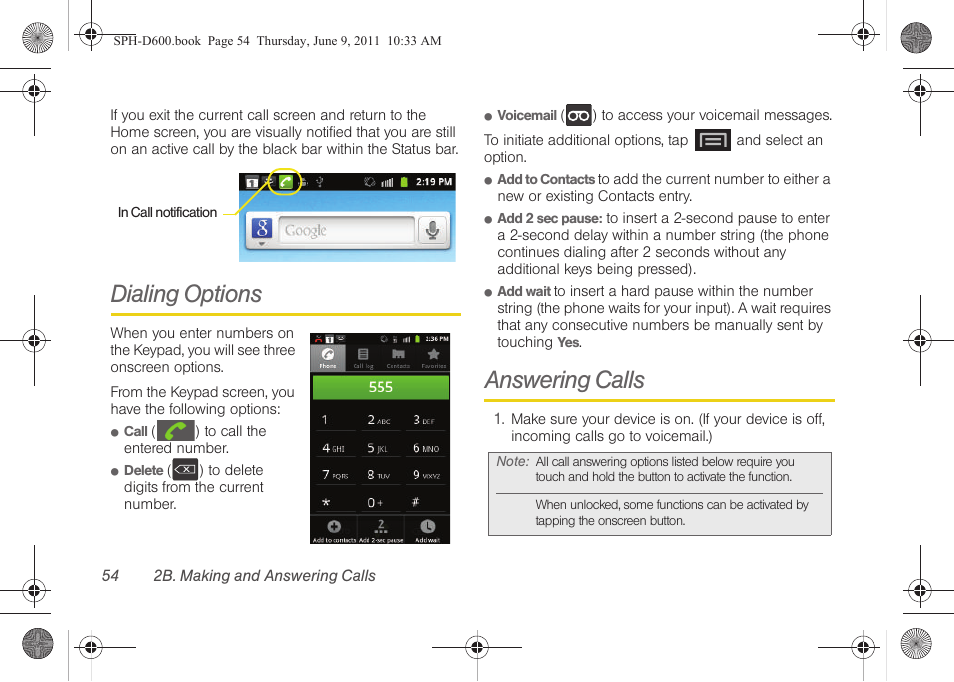 Dialing options, Answering calls | Samsung D-44867 User Manual | Page 68 / 250