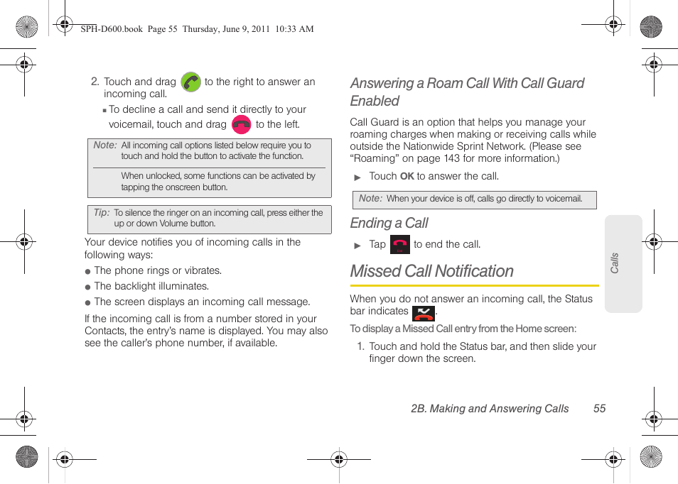 Answering a roam call with call guard enabled, Ending a call, Missed call notification | Samsung D-44867 User Manual | Page 69 / 250