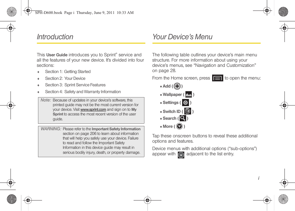 Introduction, Your device’s menu | Samsung D-44867 User Manual | Page 7 / 250