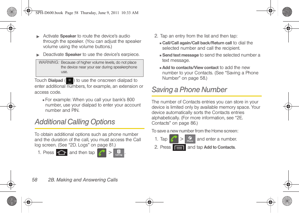 Additional calling options, Saving a phone number | Samsung D-44867 User Manual | Page 72 / 250