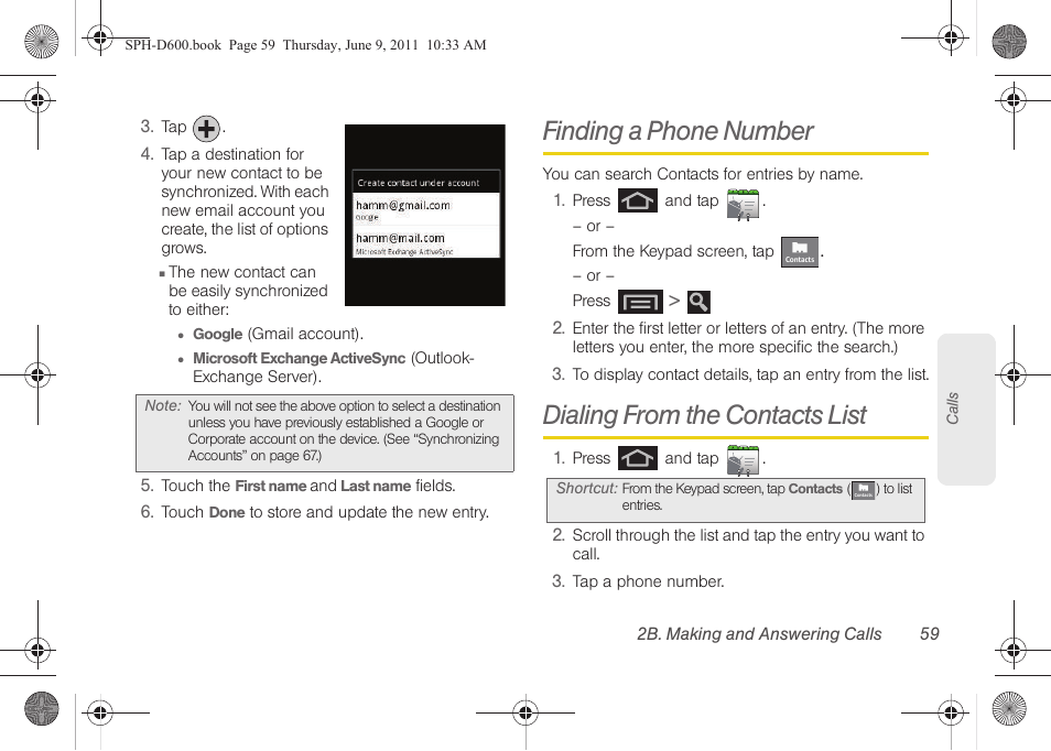 Finding a phone number, Dialing from the contacts list | Samsung D-44867 User Manual | Page 73 / 250