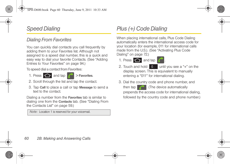 Speed dialing, Dialing from favorites, Plus (+) code dialing | Samsung D-44867 User Manual | Page 74 / 250