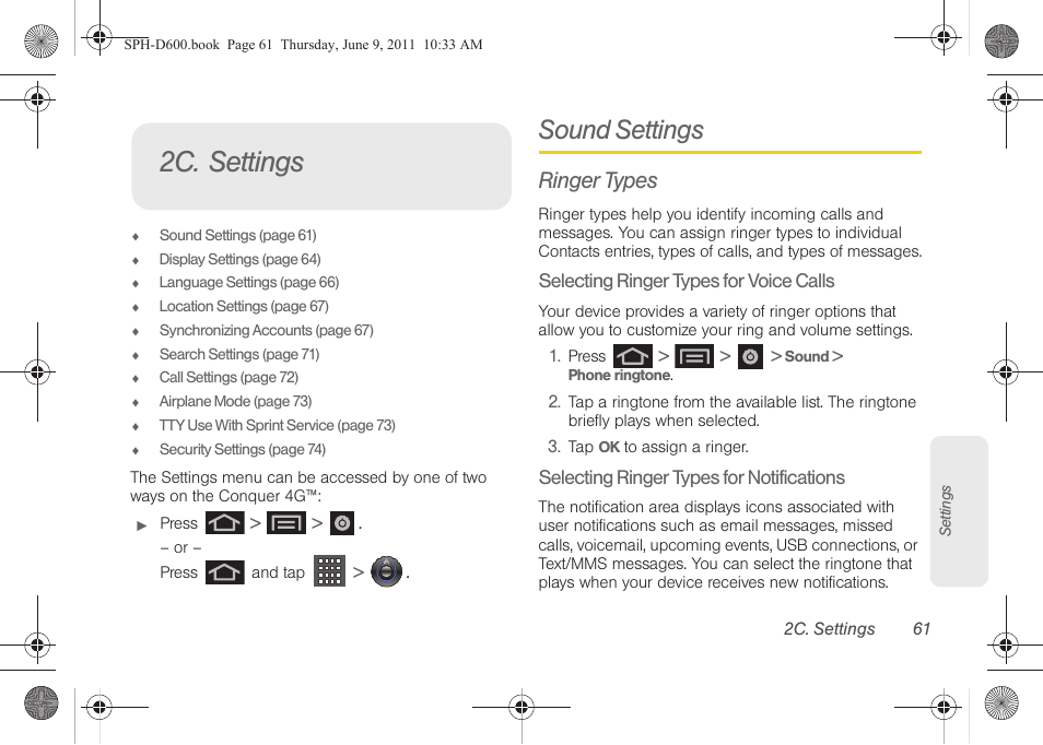 2c. settings, Sound settings, Ringer types | Samsung D-44867 User Manual | Page 75 / 250