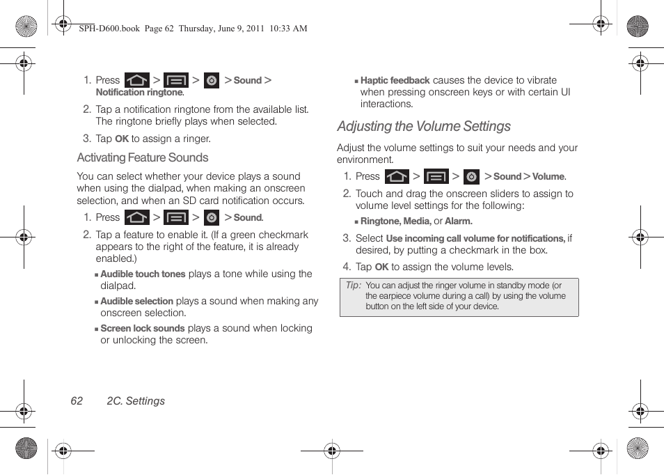 Adjusting the volume settings | Samsung D-44867 User Manual | Page 76 / 250