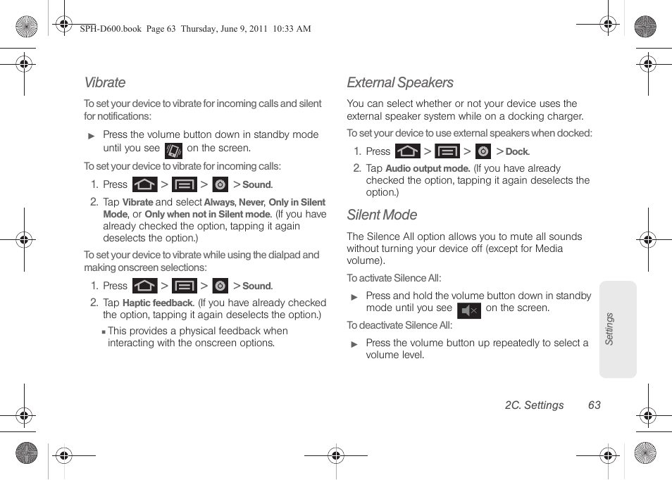 Vibrate, External speakers, Silent mode | Samsung D-44867 User Manual | Page 77 / 250